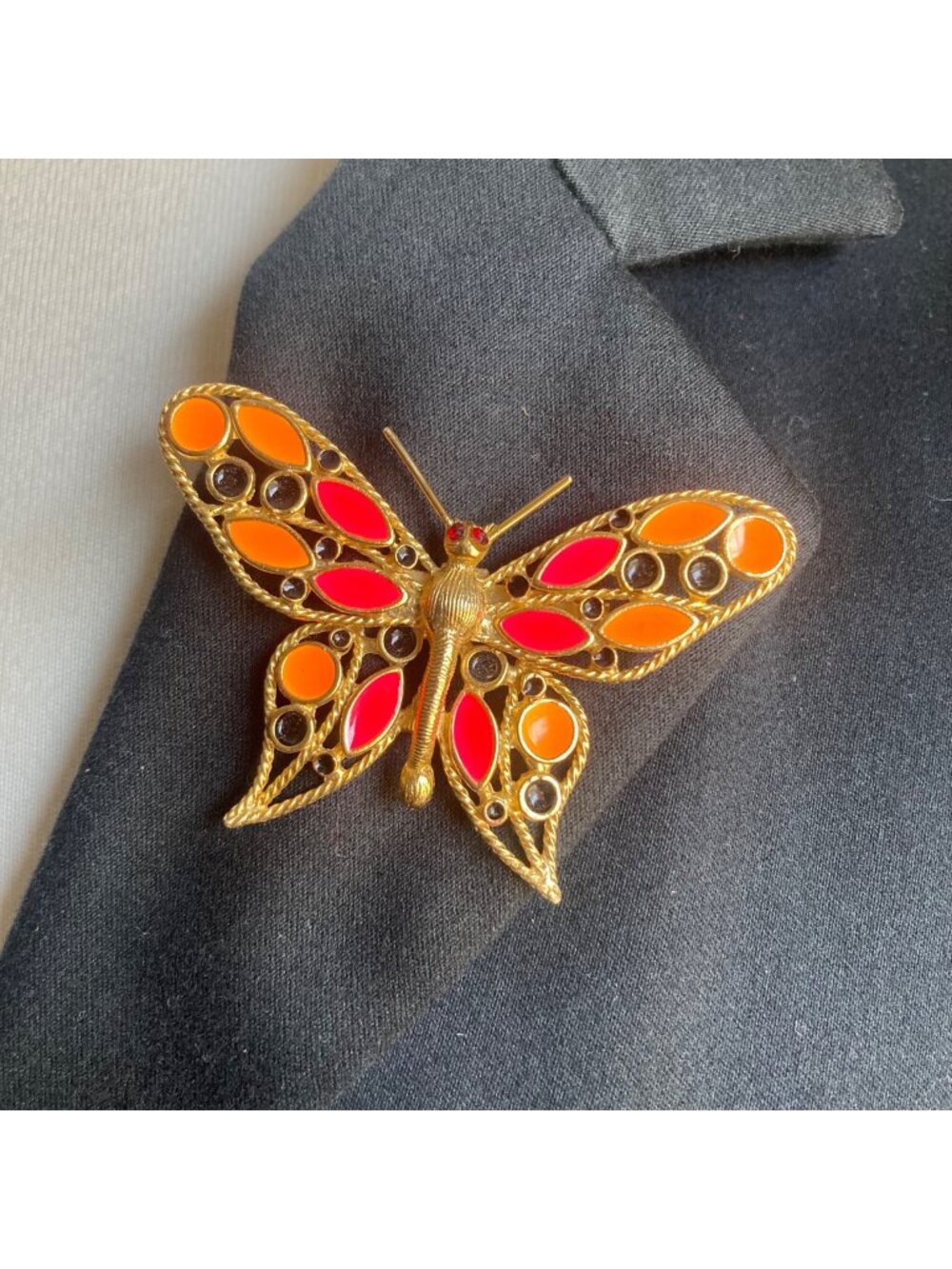 Vintage Butterfly Brooch Neon Orange Pink Enamel Gold Tone Metal 2.5in Retro